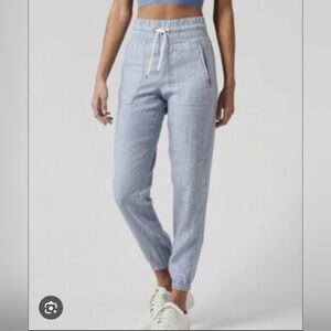 Athleta Cabo Blue Linen Jogger Pants Pull On Drawstring Summer Coastal 2 S